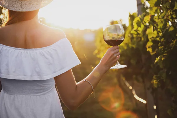 Jonge Vrouw Met Glas Wijn Wijngaard Zonnige Dag Achteraanzicht — Stockfoto