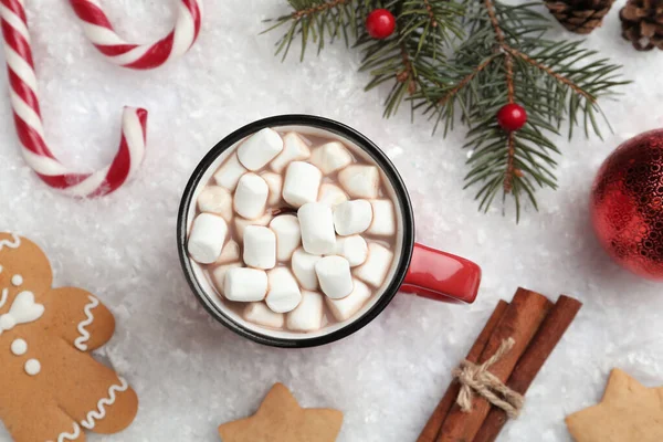 Hot Drink Marshmallows Sweets Festive Decor Snow Flat Lay — Stock Photo, Image