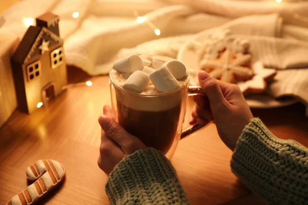 Woman Holding Cup Hot Drink Marshmallows Wooden Table Closeup Magic — Stock Photo, Image