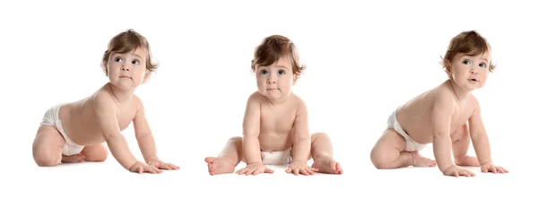 Colagem Com Fotos Bebê Pequeno Bonito Fralda Fundo Branco Design — Fotografia de Stock