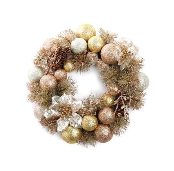 Prachtige Feestelijke Krans Van Gouden Kerstballen Geïsoleerd Wit Bovenaanzicht — Stockfoto
