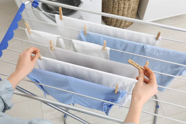 Woman Hanging Clean Laundry Drying Rack Indoors Closeup — Stock Photo, Image