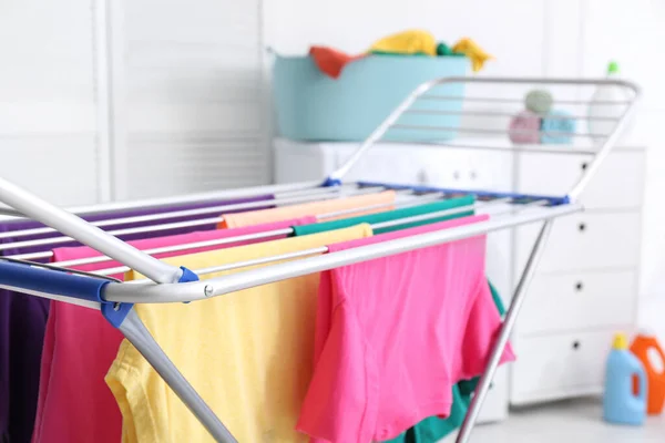 Clean Laundry Hanging Drying Rack Indoors Closeup — Stock Photo, Image