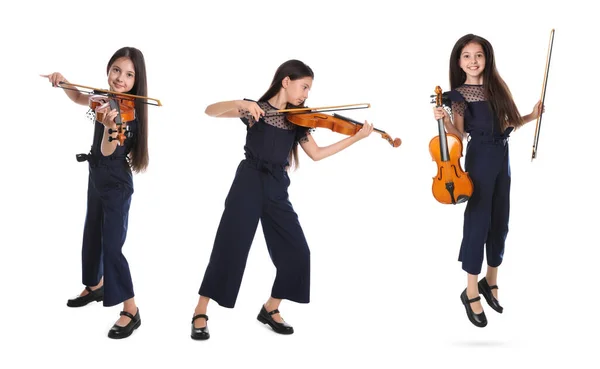 Collage Avec Des Photos Fille Préadolescente Jouant Violon Sur Fond — Photo