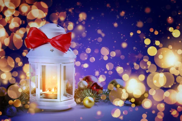 Christmas Lantern Burning Candle Festive Decor Table Magical Atmosphere — Stock Photo, Image