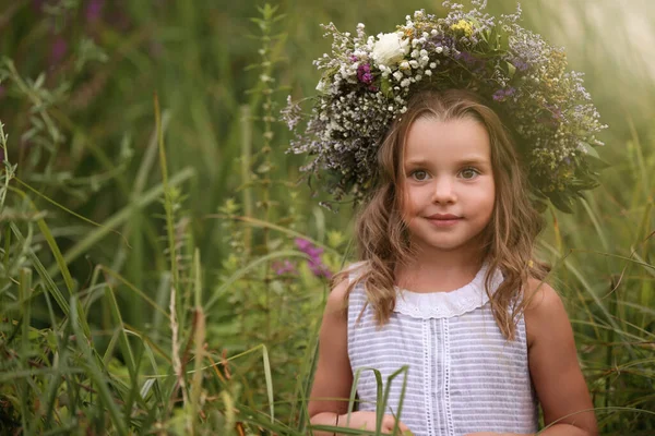 Menina Bonito Vestindo Grinalda Feita Flores Bonitas Campo — Fotografia de Stock