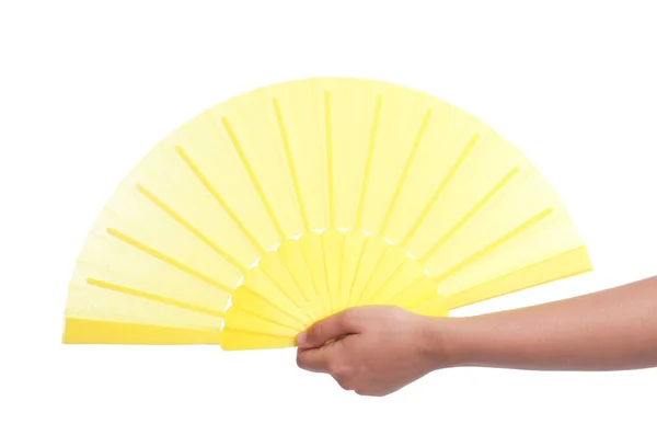 Vrouw Met Gele Hand Ventilator Witte Achtergrond Close — Stockfoto