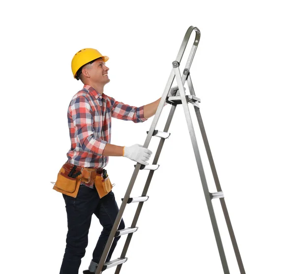 Professional Constructor Climbing Ladder White Background — Stock Photo, Image