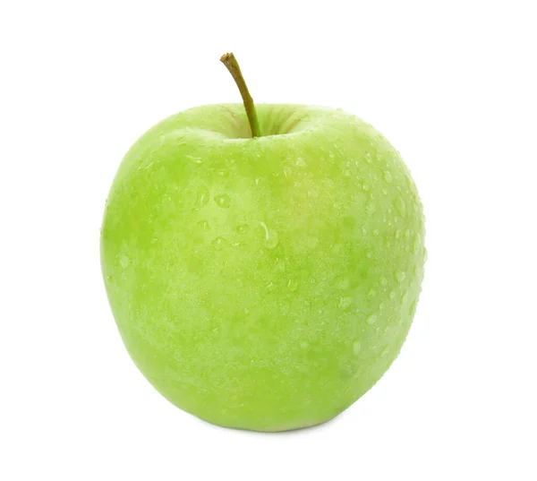 Färskt Moget Grönt Äpple Med Vattendroppar Isolerade Vitt — Stockfoto