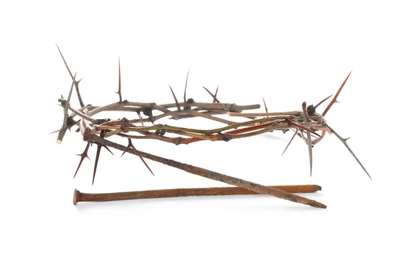 Crown Thorns Nails White Background Easter Attributes — Stock Photo, Image