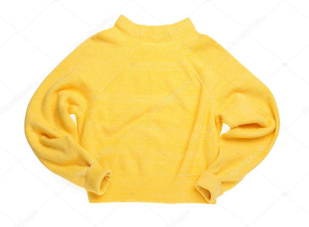 Yellow woolen sweater isolated on white, top view