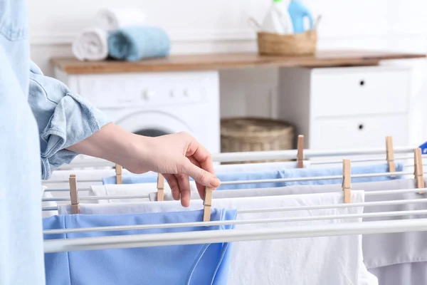 Woman Hanging Clean Laundry Drying Rack Bathroom Closeup — Stock Photo, Image