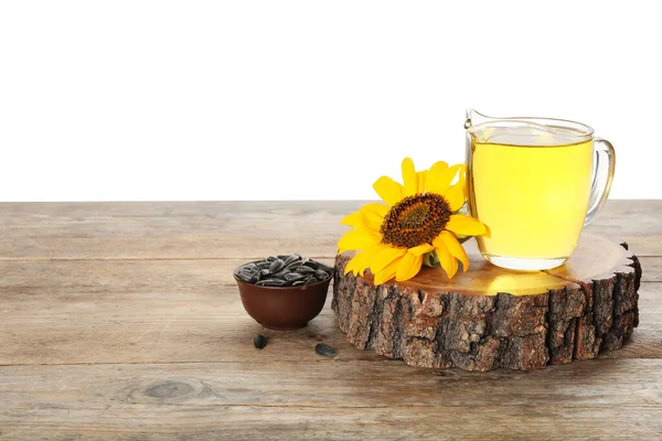 Sunflower Jug Oil Seeds Wooden Table White Background Space Text — Stock Photo, Image