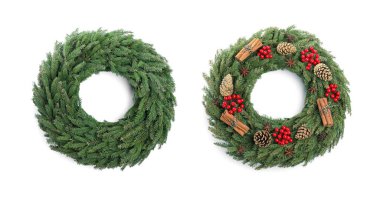 Beautiful Christmas wreaths on white background, banner design clipart