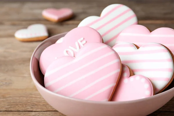 Decorated Heart Shaped Cookies Bowl Wooden Table Closeup Valentine Day — Stock Photo, Image