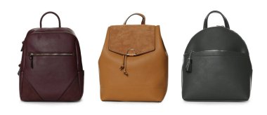 Beyaz arkaplan ve pankart tasarımında farklı stil sırt çantaları koleksiyonu