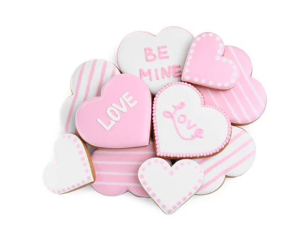 Deliciosas Galletas Forma Corazón Sobre Fondo Blanco Vista Superior Día —  Fotos de Stock