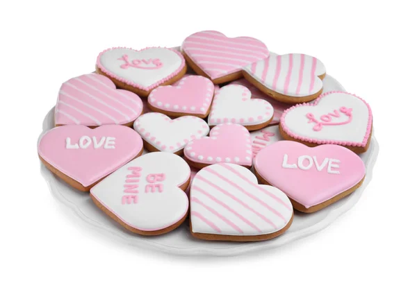 Deliciosas Galletas Forma Corazón Sobre Fondo Blanco Día San Valentín —  Fotos de Stock