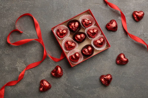 Heart Shaped Chocolate Candies Ribbon Grey Table Flat Lay — Stock Photo, Image