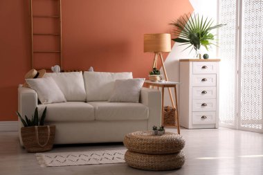 Rahat kanepe ve saksılarla dolu şık bir oturma odası.