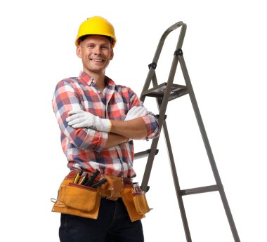 Professional constructor near ladder on white background clipart