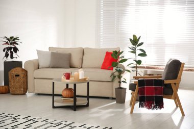 Sonbahar renklerinden esinlenilmiş rahat bir oturma odası.