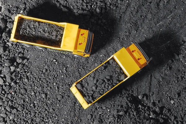 Toy Tipper Trucks Coal Field Flat Lay — Stock Photo, Image