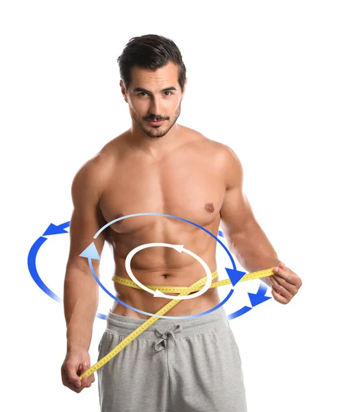 Conceito Metabolismo Bonito Homem Com Corpo Perfeito Fundo Branco — Fotografia de Stock