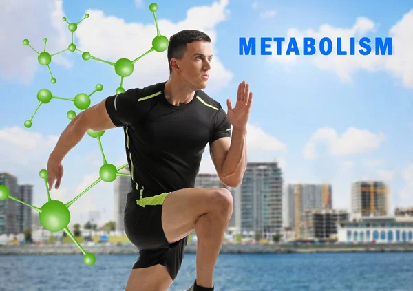 Concepto Metabolismo Ilustración Cadena Molecular Joven Atlético Corriendo Cerca Del — Foto de Stock