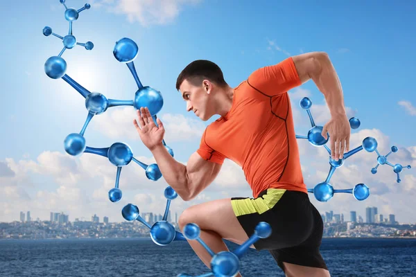 Metabolism Koncept Molekylär Kedja Illustration Och Atletisk Ung Man Kör — Stockfoto