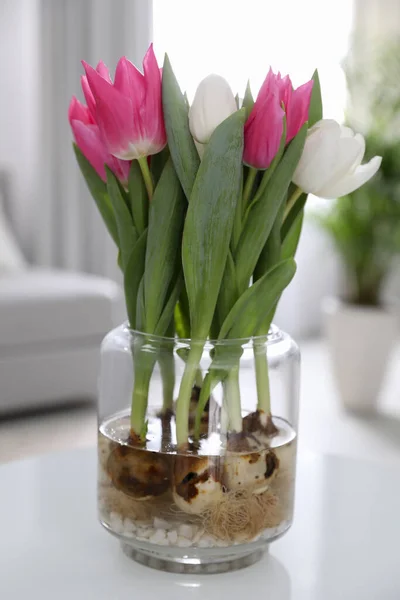 Bouquet Tulip Yang Indah Dengan Bohlam Atas Meja Dalam Ruangan — Stok Foto