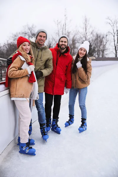 Gruppo Amici Vicino Alla Recinzione Sulla Pista Pattinaggio All Aperto — Foto Stock