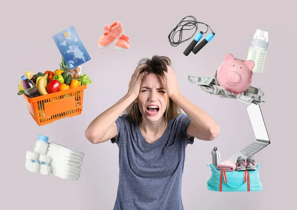 Overwhelmed Woman Different Objects Her Light Grey Background — Stock Photo, Image