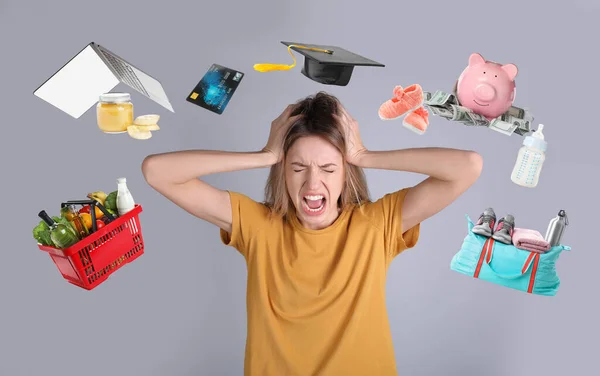 Overwhelmed Woman Different Objects Her Light Grey Background — Stock Photo, Image