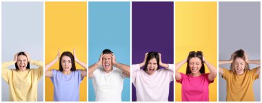 Renkli arkaplan üzerinde stresli insanların fotoğraflarıyla kolaj