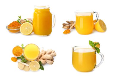 Beyaz arka planda limon, zencefil ve zerdeçal içeren bağışıklık artırıcı içecek seti 