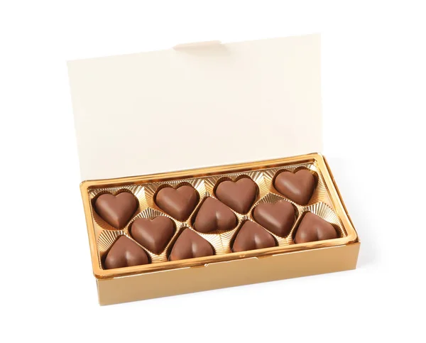 Läckra Hjärtformade Choklad Godis Rutan Isolerad Vit — Stockfoto