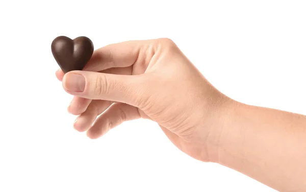 Mulher Segurando Coração Forma Chocolate Doce Fundo Branco Close — Fotografia de Stock