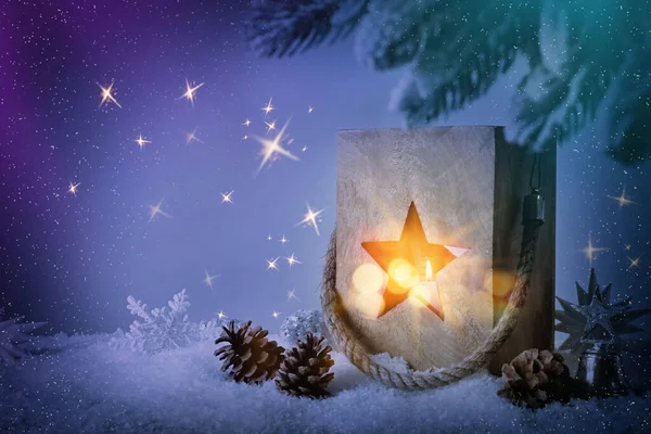 Komposition Mit Hölzerner Weihnachtslaterne Auf Schnee Platz Für Text Magische — Stockfoto