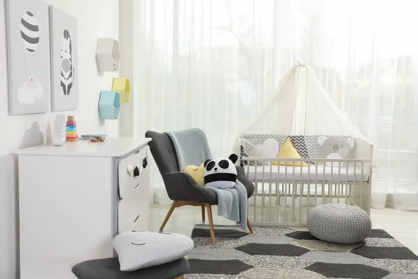 Gezellige Babykamer Met Wieg Ander Meubilair Interieur Ontwerp — Stockfoto