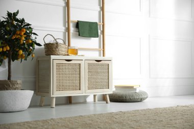 Beyaz duvarın yanındaki ahşap tuvalet. İç tasarım