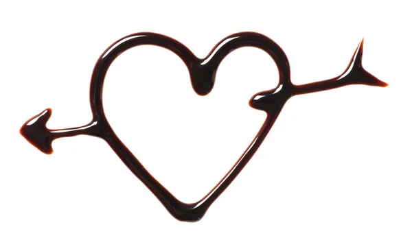 Coração Seta Desenhada Com Chocolate Escuro Fundo Branco Vista Superior — Fotografia de Stock