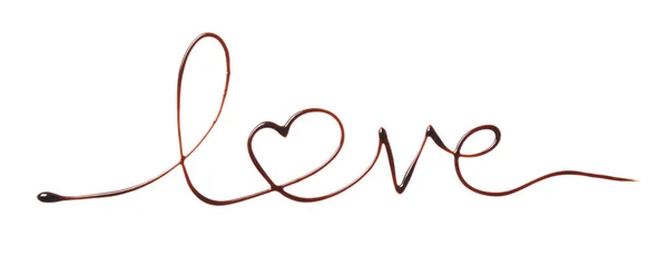 Woord Liefde Met Hart Gemaakt Van Chocolade Witte Achtergrond Bovenaanzicht — Stockfoto