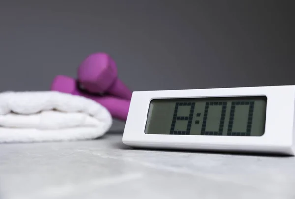 Alarm Clock Dumbbells Towel Table Grey Background Space Text Morning — Stock Photo, Image