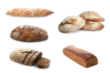 Beyaz arka planda farklı taze ekmeklerle ayarlandı