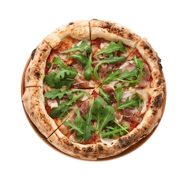 Pizza Savoureuse Avec Viande Roquette Isolée Sur Blanc Vue Sur — Photo
