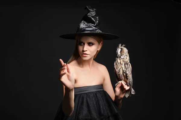 Sorcière Chapeau Noir Avec Hibou Sur Fond Sombre Caractère Fantasmatique — Photo