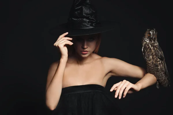 暗い背景にフクロウと黒の帽子で魔女 怖いファンタジーキャラクター — ストック写真