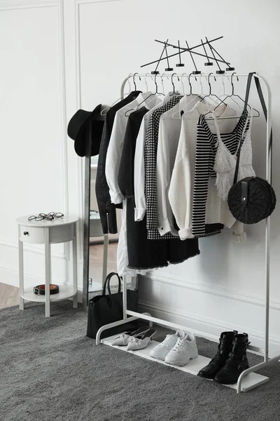 Rack Stylish Clothes Modern Dressing Room — Stock Photo, Image