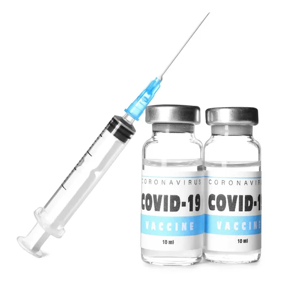 Флакони Вакциною Проти Коронавірусу Шприца Білому Тлі — стокове фото